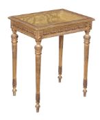 An Italianate giltwood display table , the hinged glazed compartment above turned tapering fluted