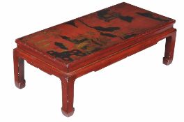 A red lacquered coffee table in Chinese table , circa 1920, the top with typical exterior scene