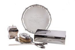 Ω Six silver or silver mounted items, comprising: a square inverted baluster tea caddy by William