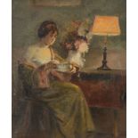 British School (late 19th/early 20th century) - Lady seated drinking tea Oil on canvas 62 x 52cm (24