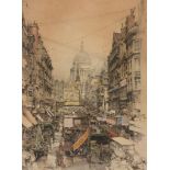 δ Luigi Kasimir (Austrian 1881-1962) - St Paul's from Fleet street Etching printed in colours Signed