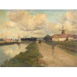 Leopold Rivers (British 1850-1905) - Canal scene with windmill Oil on board Signed, lower right 30 x