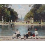 δ Jules René Hervé (French 1887-1981) - Children by the fountain, Jardin du Luxembourg Oil on board