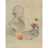 British School (20th century) - Still life with a bust and orange Oil on canvas Indistinctly signed,