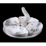 A modern Herend 'Rothschild Birds' pattern supper set, with round tray with dolphin finial and four