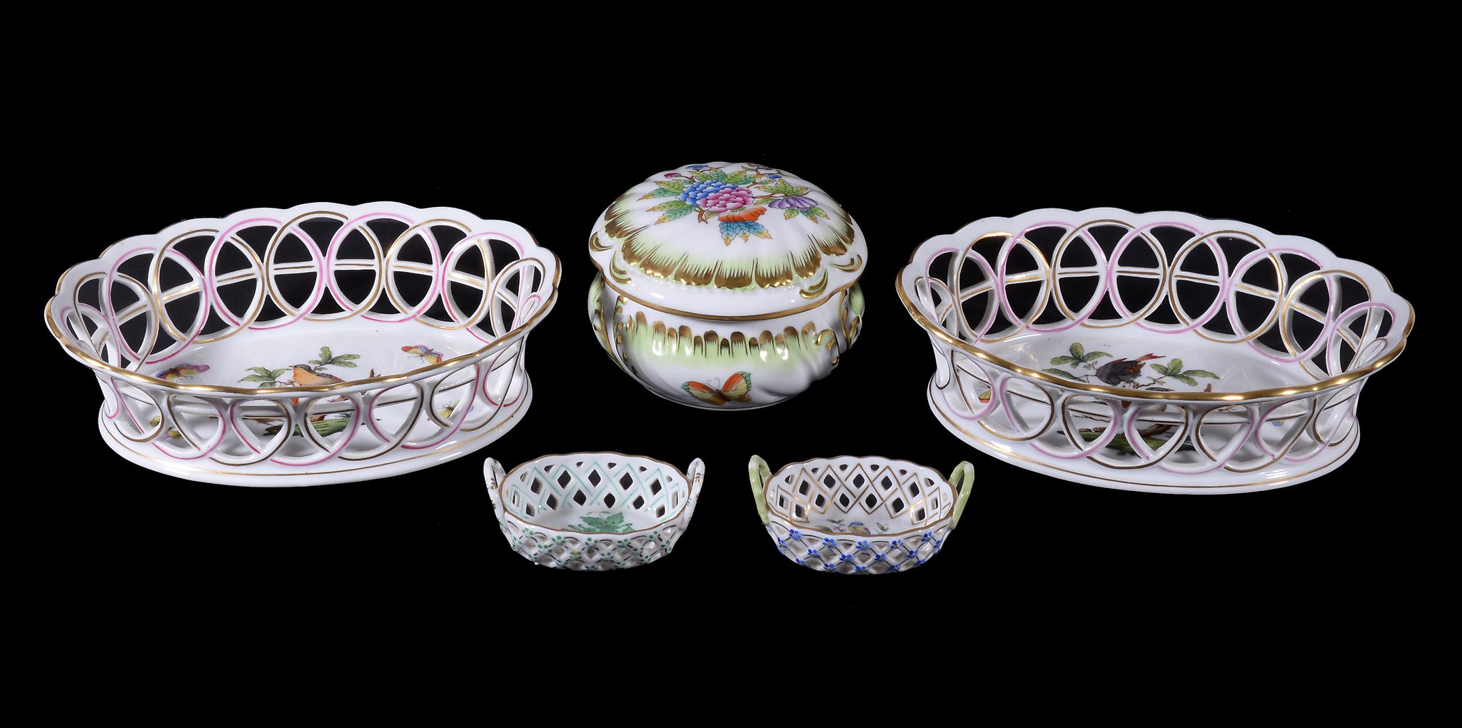 Five items of modern Herend porcelain, comprising: a pair of pierced oval baskets, 'Rothschild