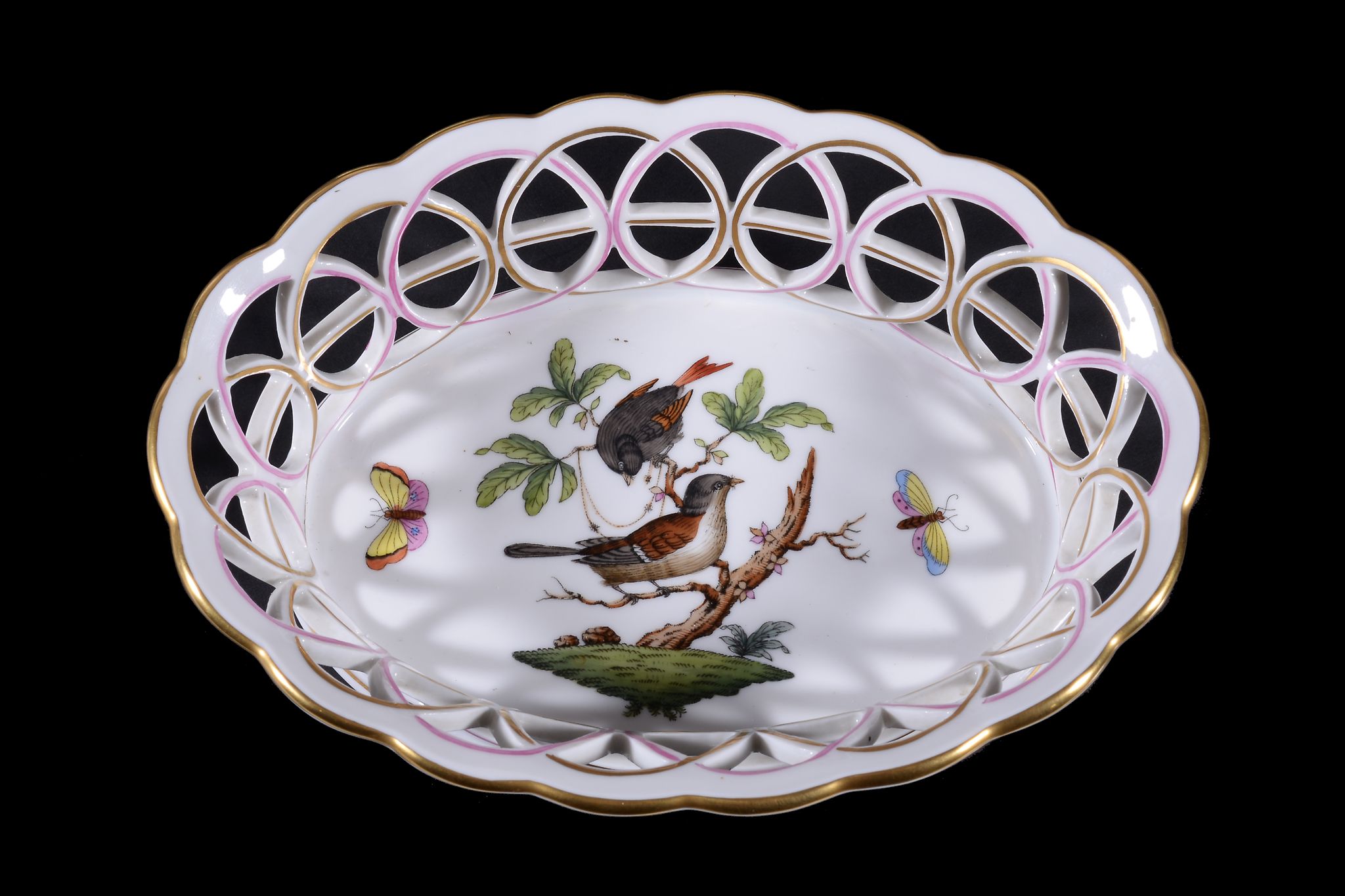 Five items of modern Herend porcelain, comprising: a pair of pierced oval baskets, 'Rothschild - Image 2 of 7