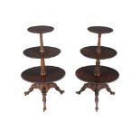 A matched pair of elm and mahogany three tier dumb waiters , last quarter 18th century and later,