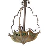 A French gilt metal three light electrolier, circa 1900, the dish modeled as a three sided vessel