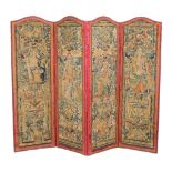 A four fold room screen, each panel inset with antique tapestry panel, each panel 175cm high, 57cm
