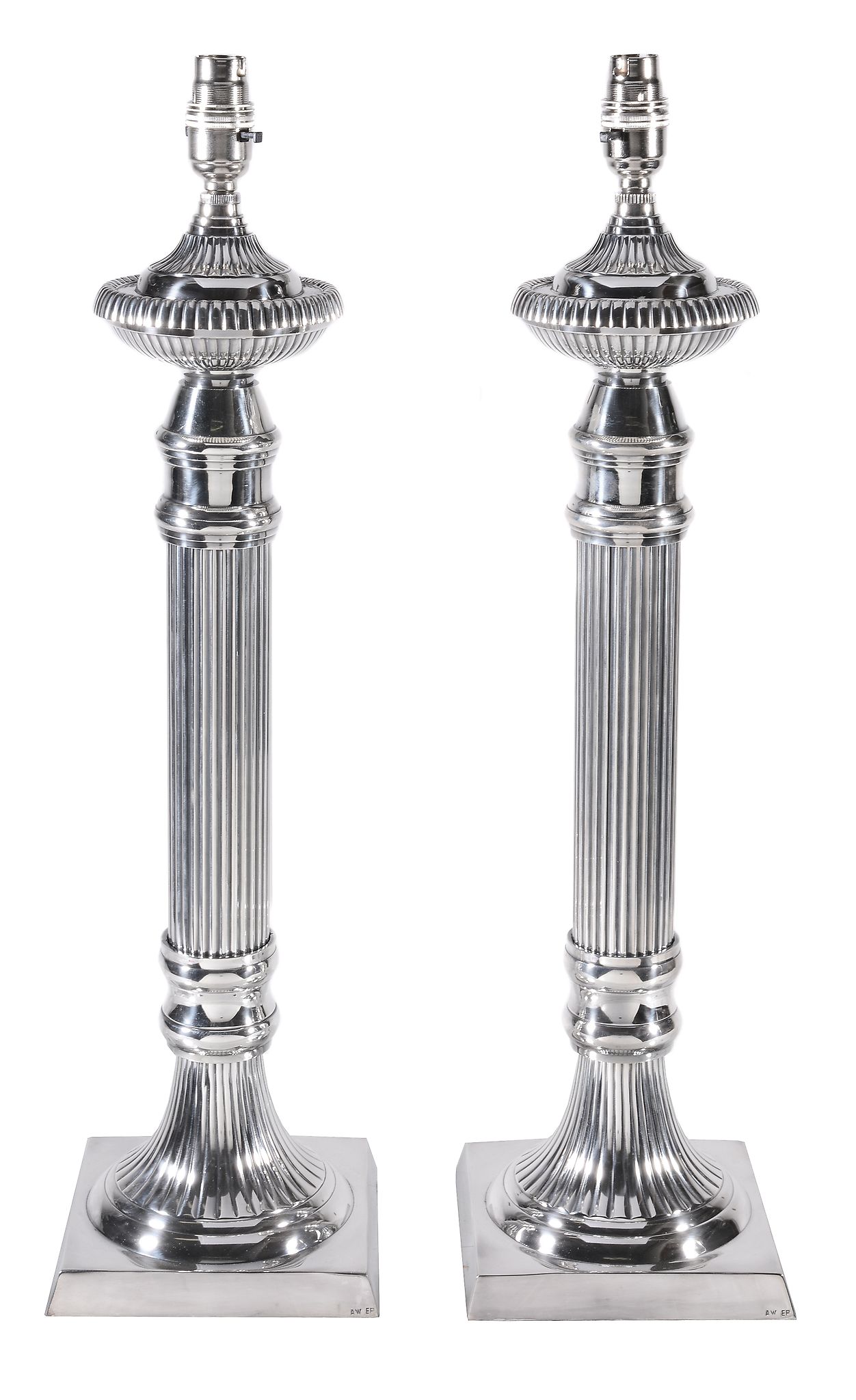 A pair of silver plated metal columnar table lamps , of recent manufacture, the electrical fitments