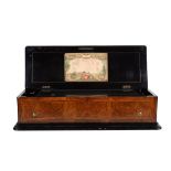 Ω A Swiss walnut and rosewood banded music box , late 19th century, the mechanism playing a choice