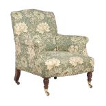 A Victorian walnut and upholstered armchair by Howard and sons , last quarter 19th century, one leg