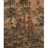 An embroidered picture of a courting couple, late 17th / early 18th century, portrayed amongst