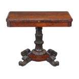 Ω A William IV rosewood card table , circa 1835, the top opening to circular baise inset playing