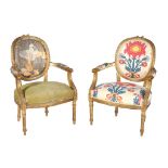 A pair of carved giltwood armchairs in Louis XVI style, late 19th/ 20th century, upholstered with