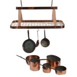 A batterie de cuisine of copper and iron mounted saucepans, 19th century, the eight associated pans