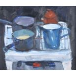 δ Archie Forest (20th century) Blue Pots Oil on board Signed, lower left 29 x 34cm (11 3/8 x 13 3/