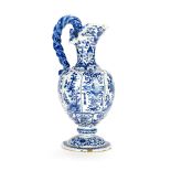 A Dutch Delft (De Doubbelde Schencken) blue and white ewer, 18th century, the ovoid body painted