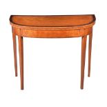 Ω A George III satinwood and purple heart banded semi eliptical folding card table, circa 1790,