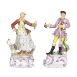 A pair of Longton Hall figures of a sportsman and companion , circa 1755, modelled standing with