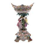 A Meissen (outside decorated) flower-encrusted figural table centre-piece basket and stand , cross