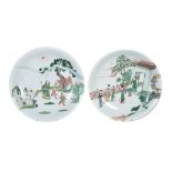 A pair of Chinese porcelain famille verte saucer dishes , 19th century, decorated with scholars and