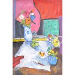 δ Philippa Bradstock Still Life with flowers, apple and cup Signed with monogram, lower right Oil on