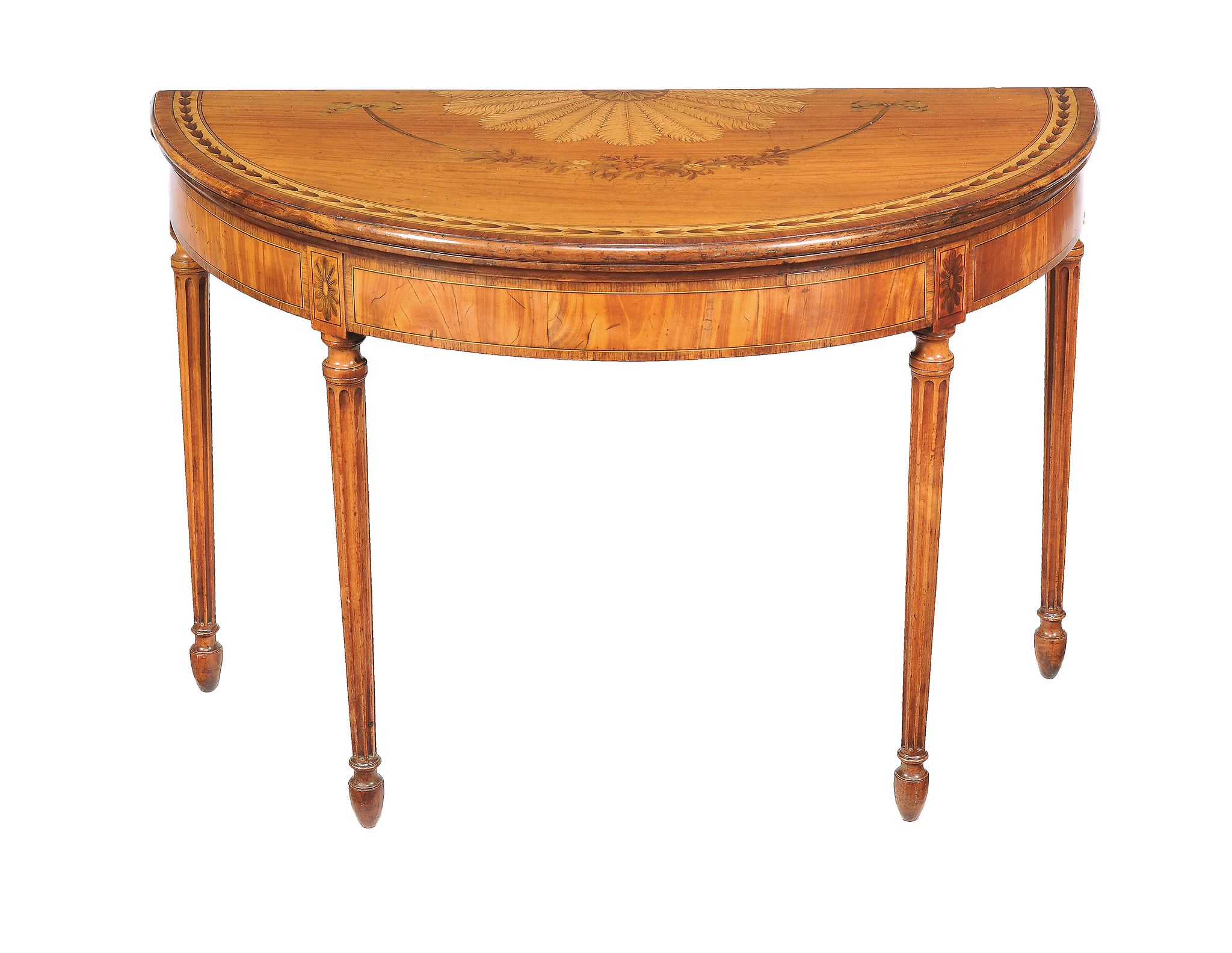 Ω A George III satinwood and marquetry semi eliptical folding card table, circa 1810, kingwood and