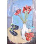δ Philippa Bradstock Still Life with Poppies and Aubergines Oil on Board 74.5 x 49.5cm (29 1/4 x 19