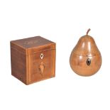 A George III pearwood tea caddy , late 18th century, in the form of a pear, the hinged lid with