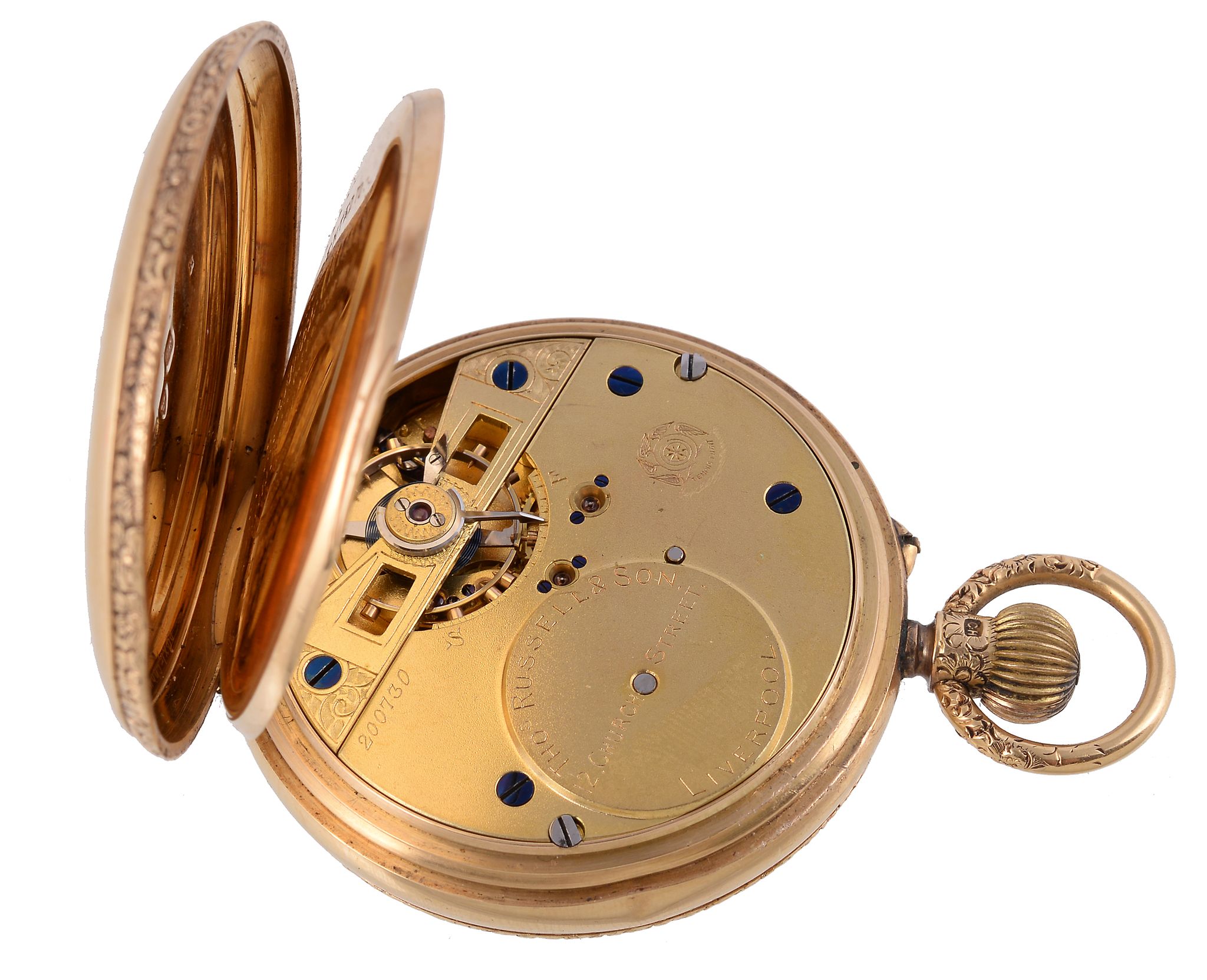 Thomas Russell & Son, an 18 carat gold open face keyless wind pocket watch, no. 200730, hallmarked - Image 2 of 2