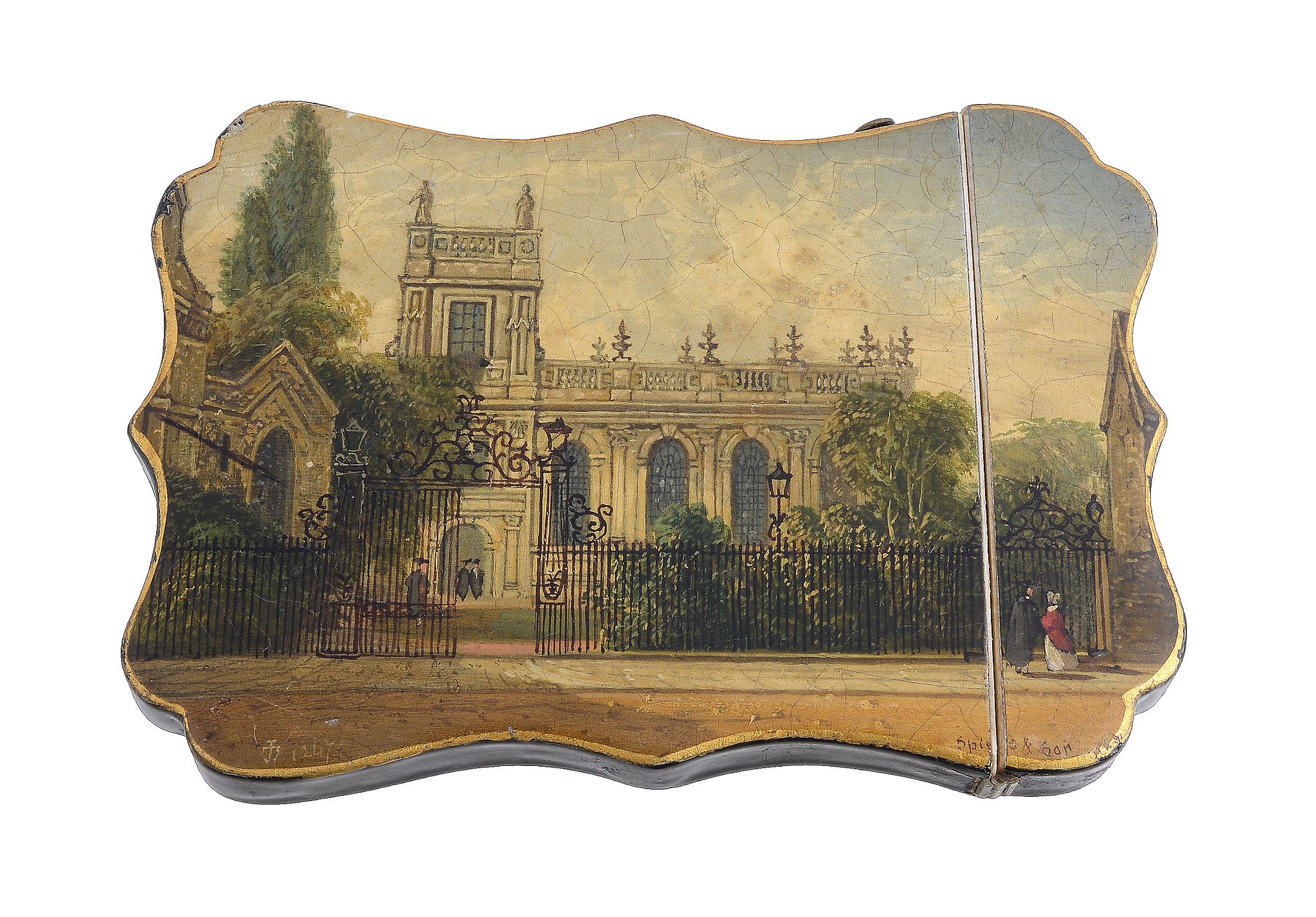 A rare mid Victorian shaped rectangular papier mache card case by Spiers & Son, painted with a view