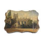 A rare mid Victorian shaped rectangular papier mache card case by Spiers & Son, painted with a view