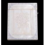 Ω A mid Victorian mother of pearl rectangular card case, engraved with an exterior view of the