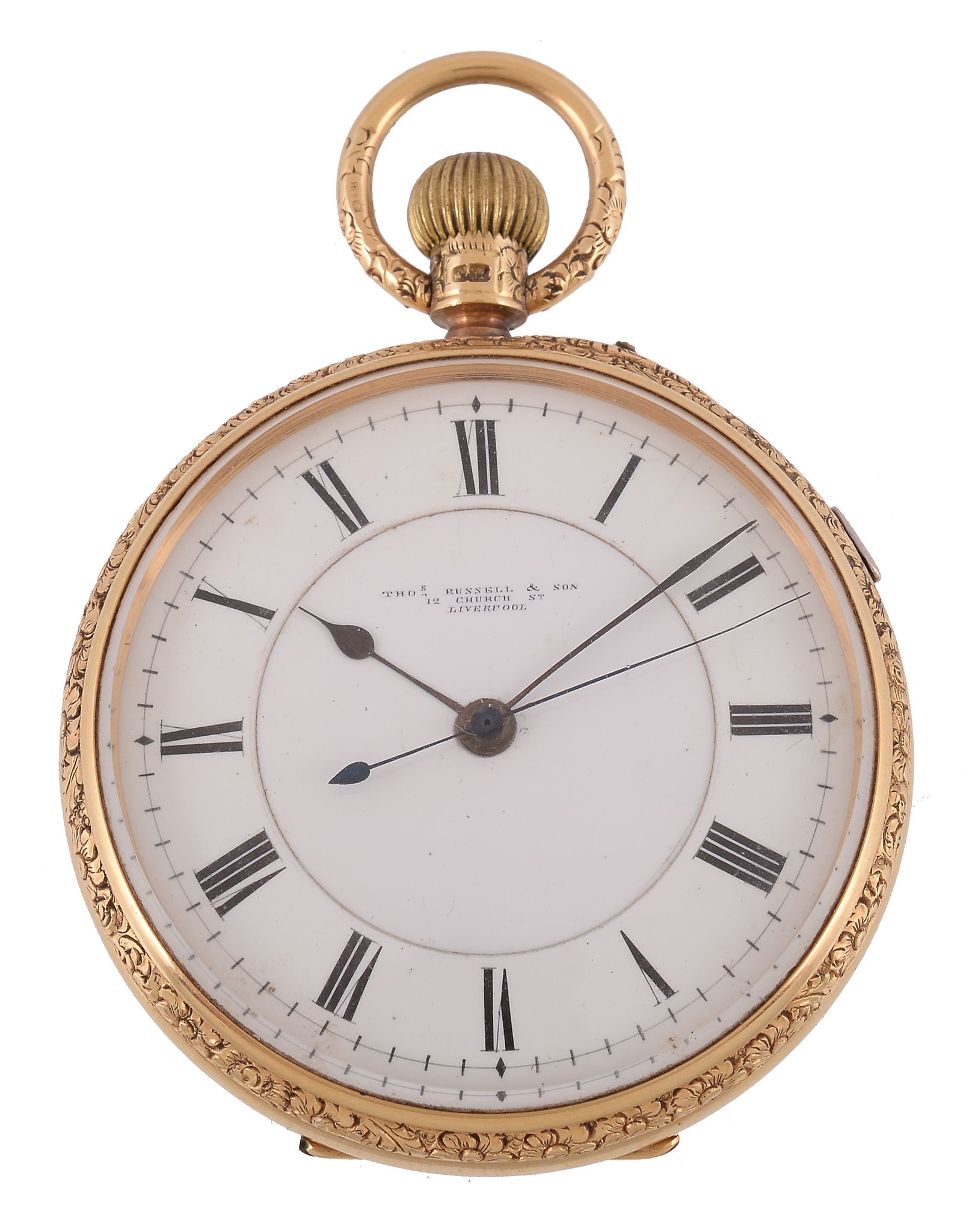 Thomas Russell & Son, an 18 carat gold open face keyless wind pocket watch, no. 200730, hallmarked