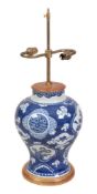 A Chinese blue and white baluster vase , 19th century, painted with quatrefoil panels of precious