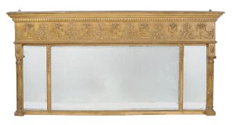 A Regency giltwood and composition triptych wall mirror , circa 1815, 81cm high, 168cm wide