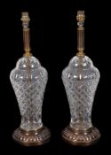 A pair of modern press moulded glass and metal mounted inverted baluster table lamps , of recent