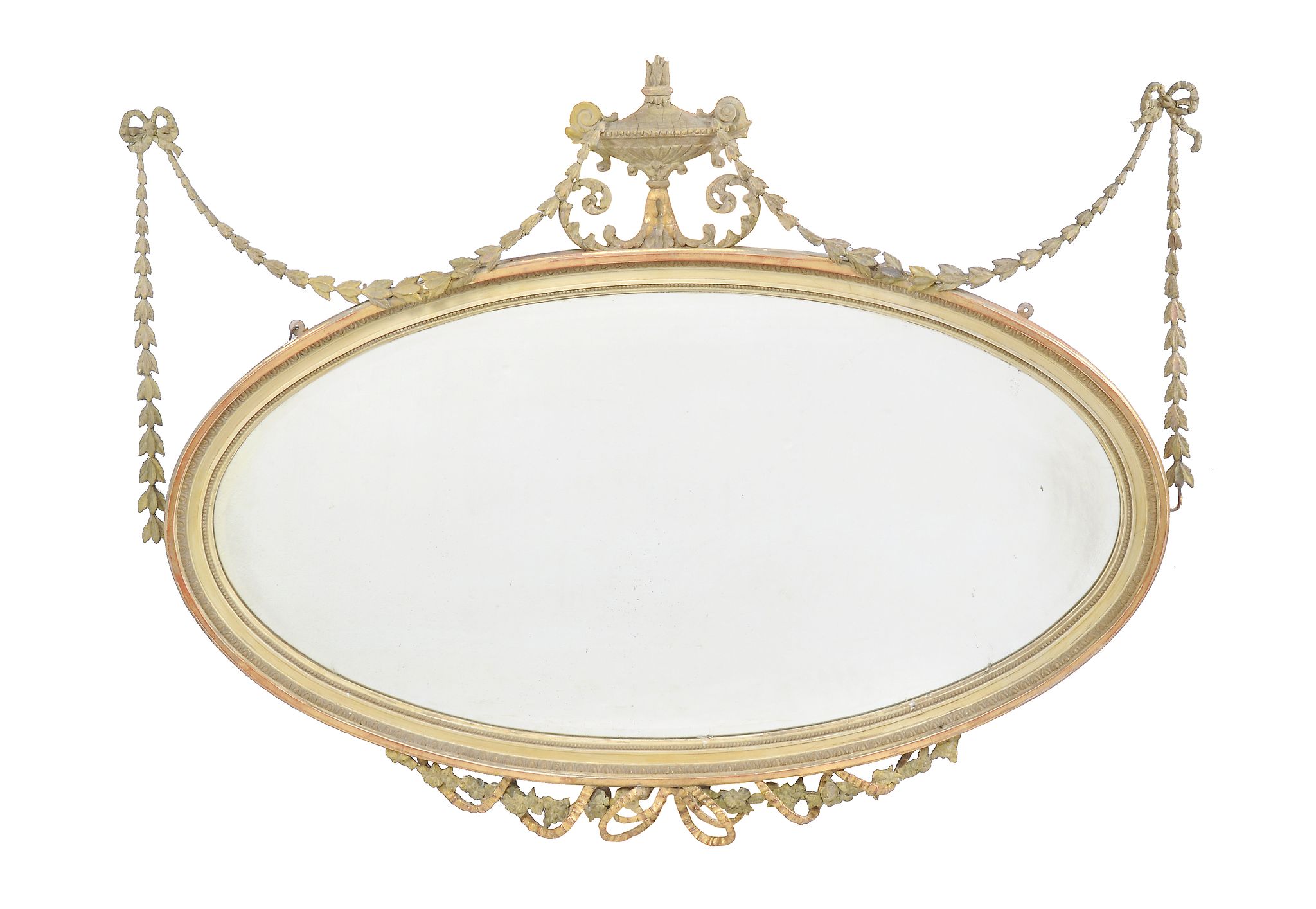 A giltwood and composition oval wall mirror , after the manner of Robert Adam, with central urn