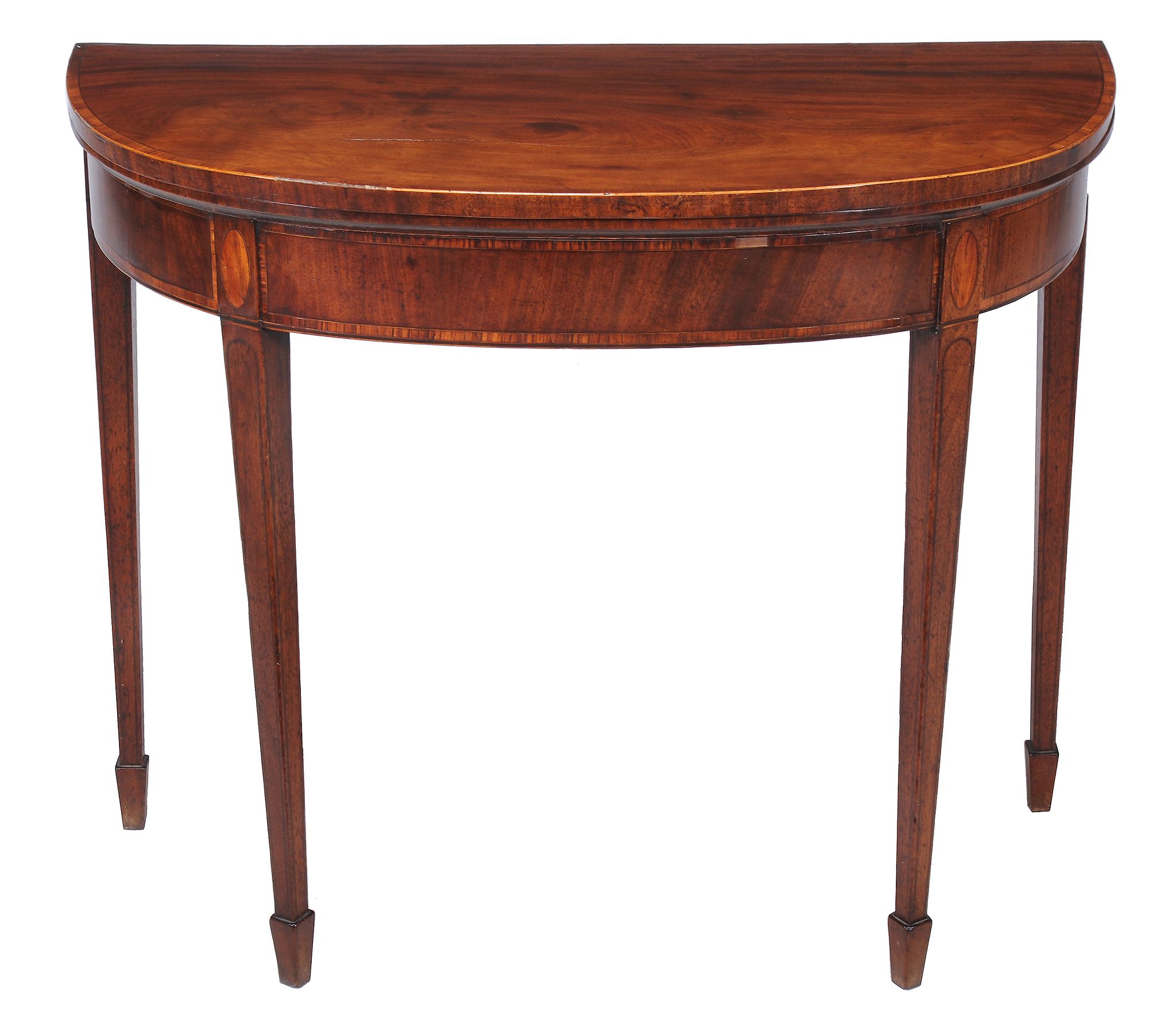 Î© A George III mahogany and kingwood banded folding card table, circa 1790, of semi elliptical