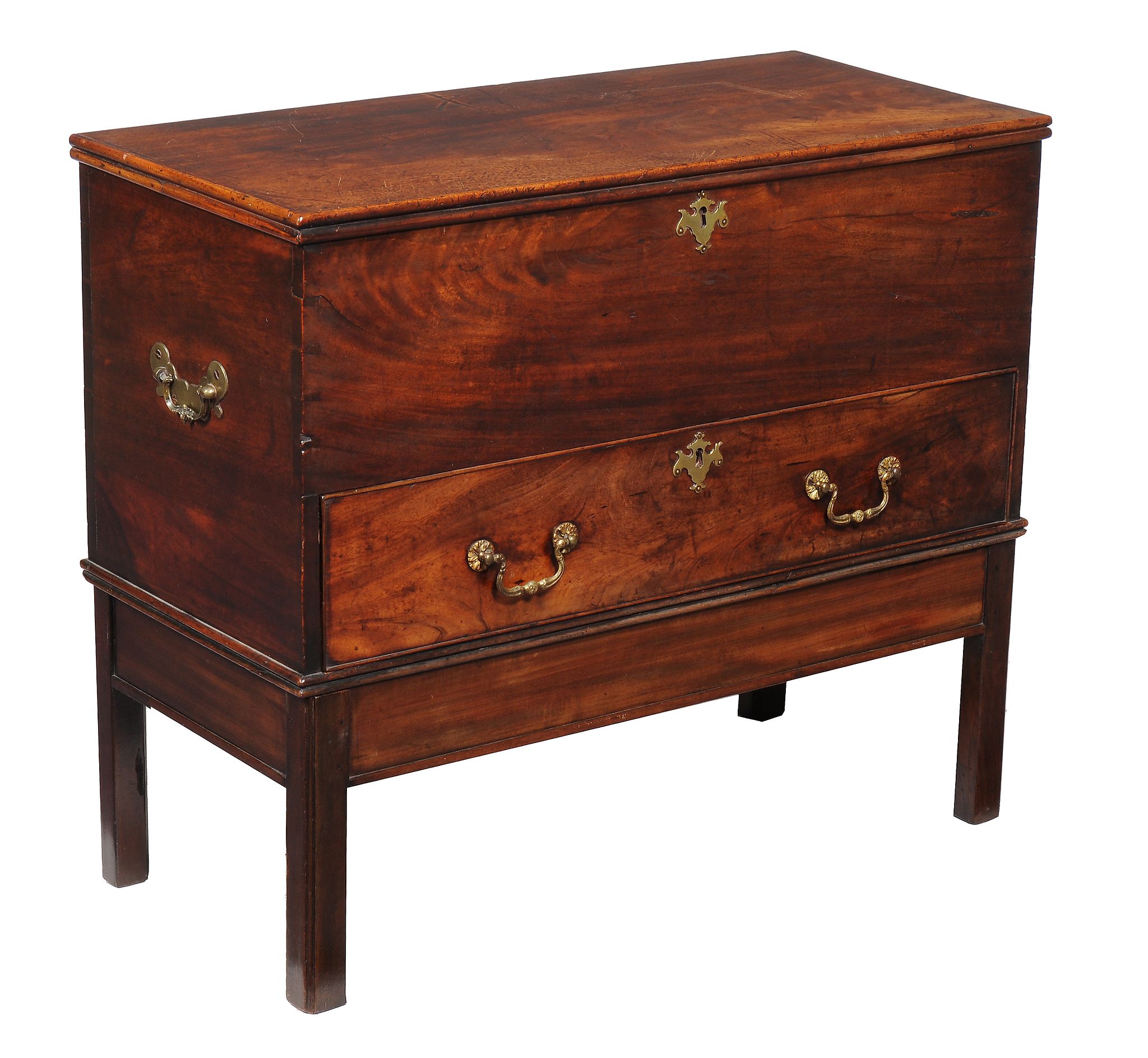 A mahogany coffer on stand, circa 1780 and later, 78cm high overall, 90cm wide, 41cm deep