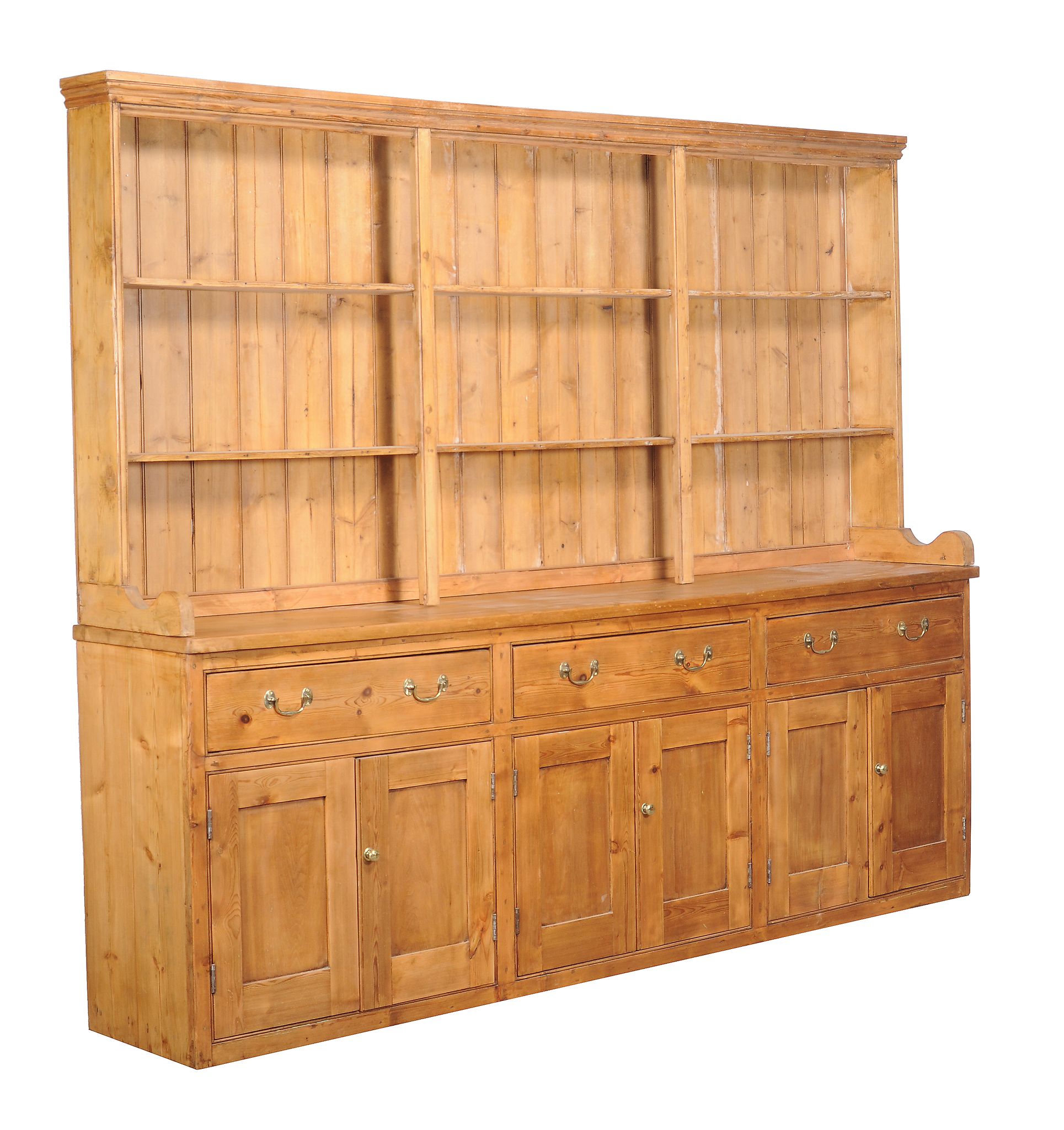 A waxed pine dresser in Victorian style, 20th century, or large proportion, the plate rack canopy