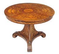A Dutch walnut and marquetry inlaid centre table , mid 19th century, 73cm high, the circular top,