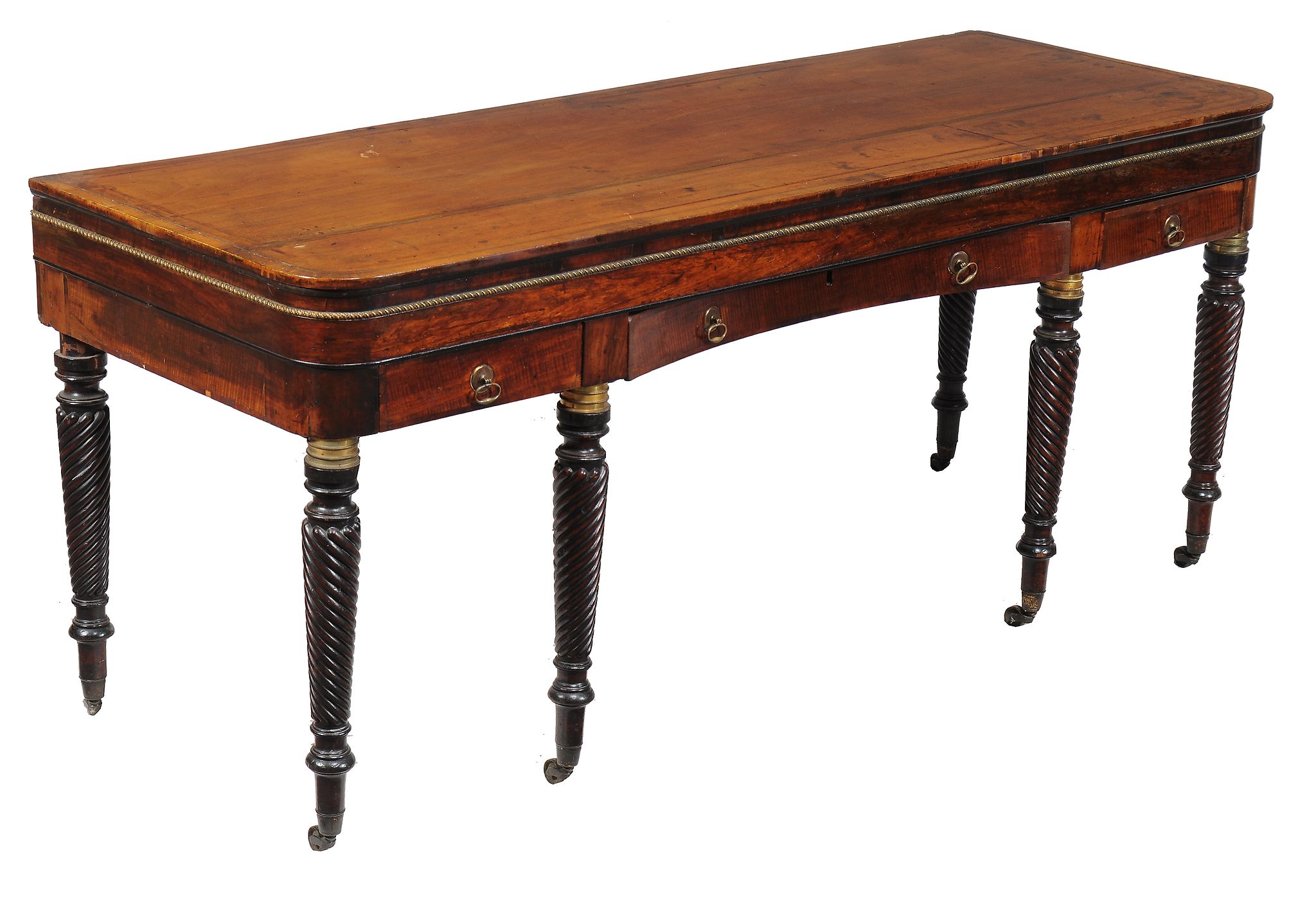 A Regency and gilt metal mounted mahogany piano , circa 1815 and later adapted as a side table,