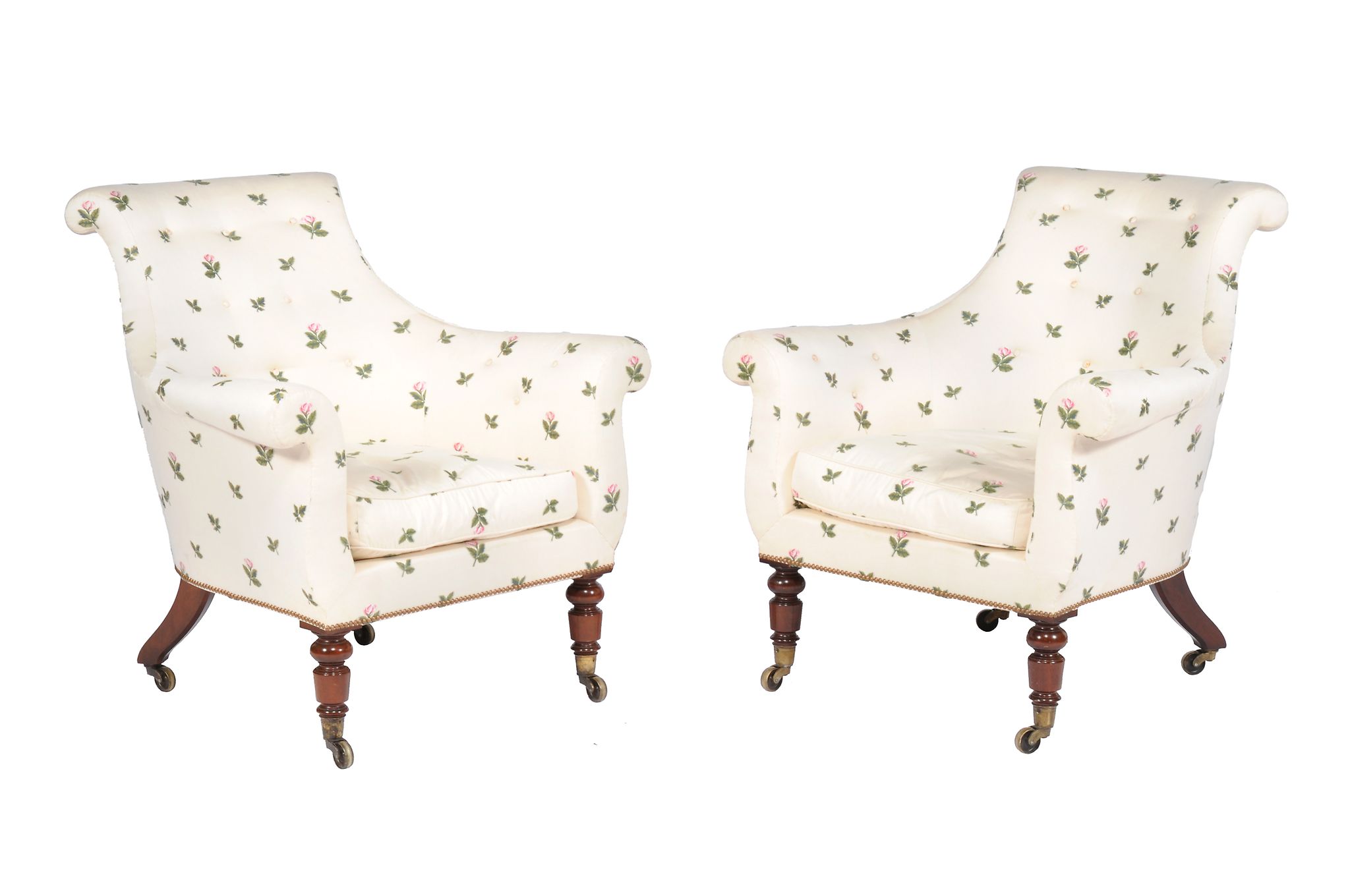 A pair of tub armchairs in Victorian style, 20th century, each recently upholstered in roses and