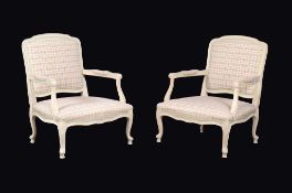 A pair of painted wood armchairs in Louis XV style , of recent manufacture, with check upholstered