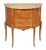 A French parquetry petite commode , circa 1900, the rhubarb and custard marble above two drawers