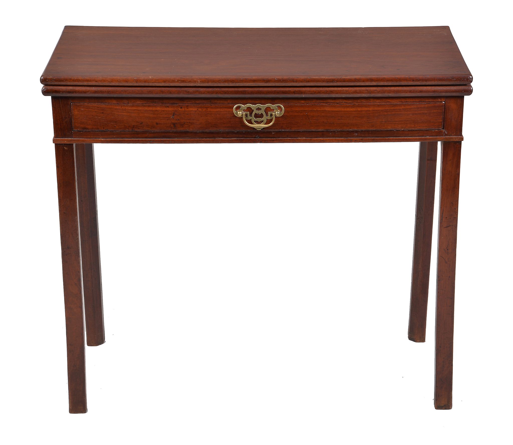 A George III mahogany tea table , circa 1760, with single frieze drawer and chamfered supports