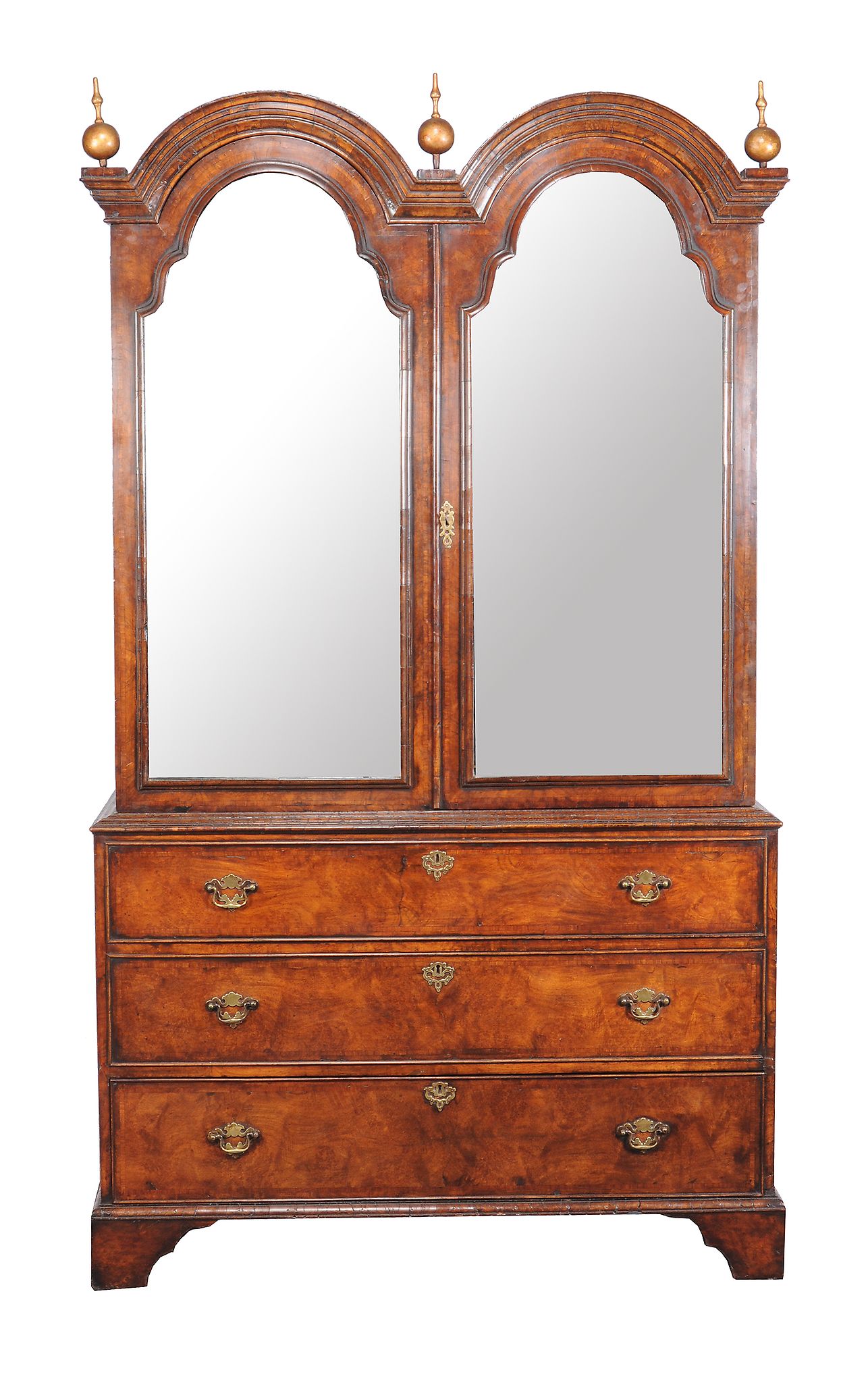 A burr walnut and crossbanded wardrobe containing some 18th century elements mirror panelled doors